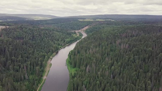 Gorgeous aerial panoramic view on the touristic part of the river at sunset. Clip. Beautiful natural landscape at summer. Europe