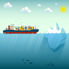 Container ship near the iceberg. Vector Illustration on the background of blue sky. Shows the upper and lower part of the sea. Over the water lit by the sun. At the depth of floating sea fish. - obrazy, fototapety, plakaty