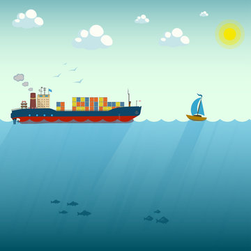 Vector illustration of ship and boat floating by sea. Business and leadership concept design element in flat style. Career achievements and personal growth