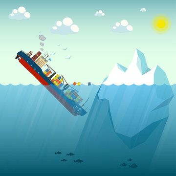 Shipwreck Iceberg container ship. The ship went under water half swimming around the containers. In the background blue sky, sun and gulls. Vector Illustration.