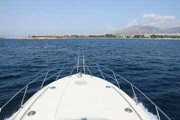 Fototapeta premium Summer day the end of the trip on the yacht coming back to Athens, Glyfada port, Greece.