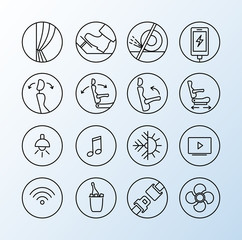 Pictogram for touristic bus. Icon set about properties of transfer. Thine line icon set.