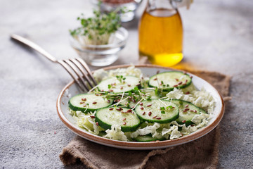 Healthy spring salad with cucumber, flax seed and cress 