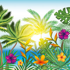 Fototapeta na wymiar tropical and exotics flowers and leafs over beach background vector illustration design