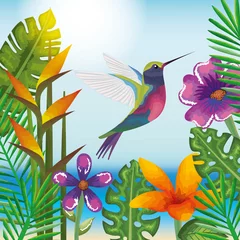 Stof per meter Vlinders tropische en exotische tuin met ontwerp van de kolibrie vectorillustratie