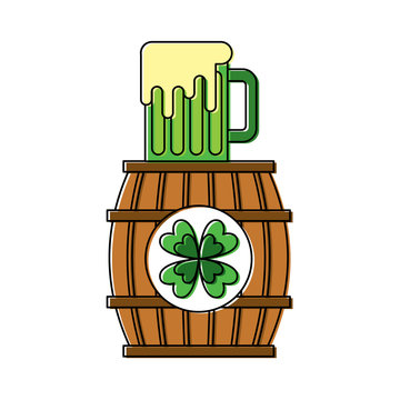 wooden barrel clover with beer glass beverage vector illustration