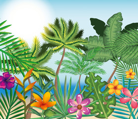 Fototapeta na wymiar tropical and exotics flowers and leafs vector illustration design