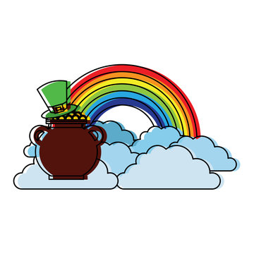 hat of leprechaun with pot coins treasure rainbow cloud fantasy vector illustration