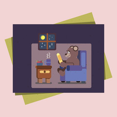 Cartoon brown bear at home reading book