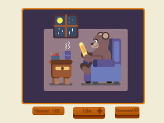 Cartoon brown bear at home reading book