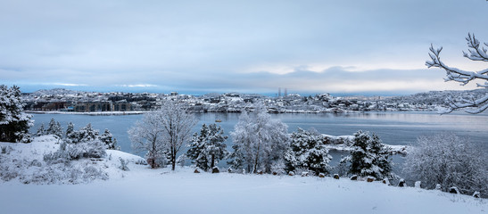 Beautiful winter day at Odderoya in Kristiansand, Norway. Trees covered in snow. The ocean and...