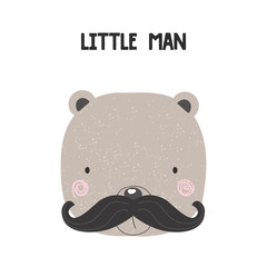 Funny little bear with mustaches. Vector hand drawn illustration.