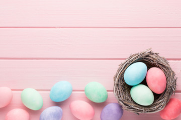 Pastel Easter eggs background. Spring greating card.