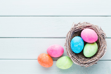 Pastel Easter eggs background. Spring greating card.