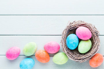 Pastel Easter eggs background. Spring greating card.