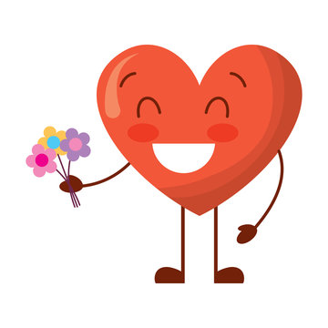 cute heart love holding bouquet flowers gift vector illustration