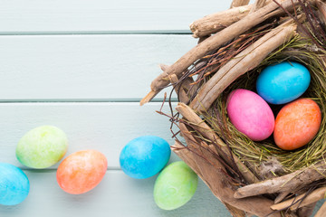 Pastel Easter eggs background. Spring greating card.