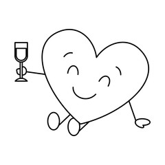 cartoon heart in love sitting with wine glass celebration vector illustration thin line image