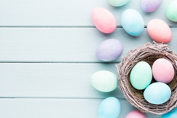 Pastel Easter eggs background. Spring greating card.