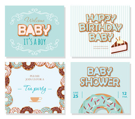 Baby shower cards set for boys. Sweet templates in pastel blue.