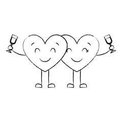 couple hearts cartoon with wine glass drink vector illustration sketch image