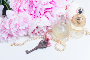 Skeleton key with peony flowers