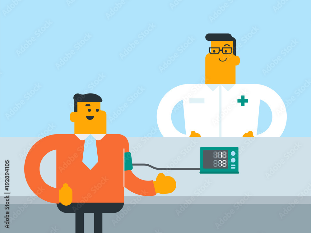 Wall mural Young caucasain white man checking blood pressure with a digital blood pressure meter. Happy man gives thumb up while doctor measures his blood pressure. Vector cartoon illustration. Square layout.