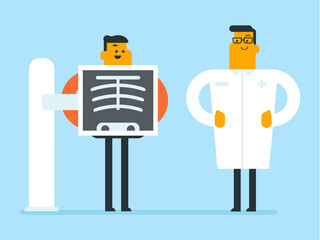 Young caucasian white roentgenologist doctor standing nearby the patient undergoing chest X-ray procedure. Happy smiling patient visiting a roentgenologist. Vector cartoon illustration. Square layout.