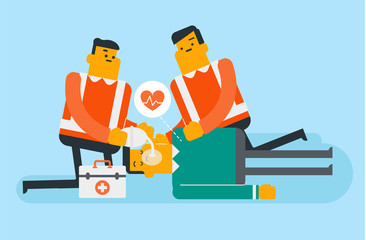 Caucasian white paramedics doing cardiopulmonary resuscitation of a man. Team of emergency doctors during process of resuscitation of unconscious person. Vector cartoon illustration. Horizontal layout