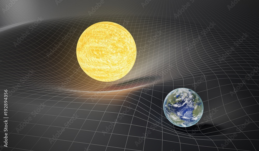 Wall mural gravity and general theory of relativity concept. earth and sun on distorted spacetime. 3d rendered 
