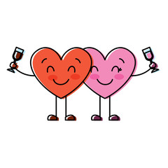 couple hearts cartoon with wine glass drink vector illustration