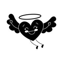 cute love heart flying wings romance vector illustration black and white image