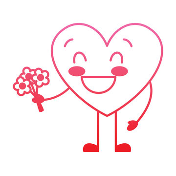 cute heart love holding bouquet flowers gift vector illustration degrade red line image