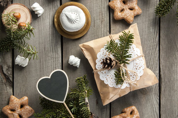 Christmas decorations on wooden background