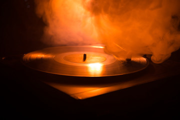Turntable vinyl record player. Retro audio equipment for disc jockey. Sound technology for DJ to...