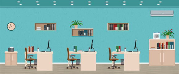 Office room interior including three workspaces with cityscape outside window. Workplace organization.
