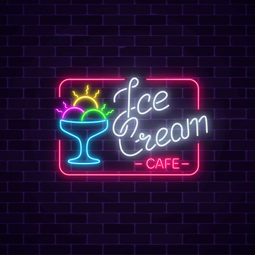 Glowing neon ice cream cafe signboard on dark brick wall background. Gelato balls in bowl.
