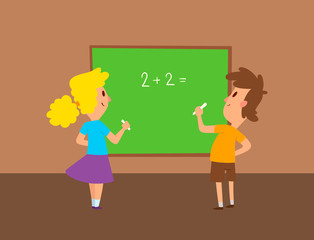 Children studying school kids going study together childhood happy primary education character vector.