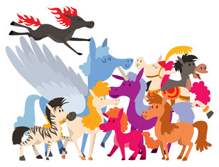 Horse pony stallion vector breeds color farm equestrian mammal domestic animal mane zoo character illustration.