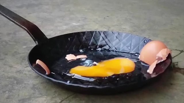 slow motion of an egg falling in a pan