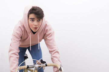 young in isolated bike on white background