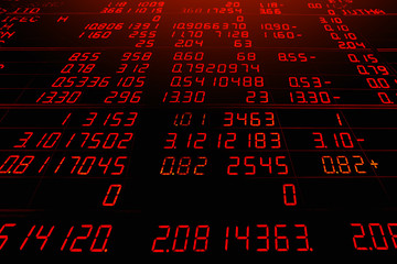 Red electronic board of stock market quotes