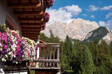 Landscape view with flower balcony of Unesco World Heritage site Dolomiti, Alta Badia, Italy