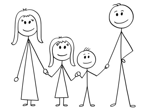 Cartoon stick man drawing illustration of happy family of father, mother, son and daughter.