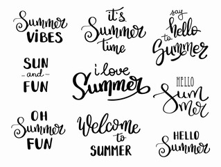 Summer hand drawn brush letterings. Summer typography - hello summer, time, fun, i l, welcome to , vibes. Handwritten inscription vector