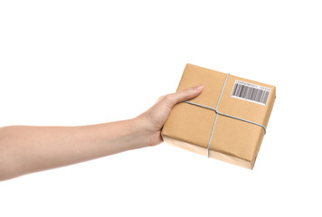 Woman with parcel box on white background