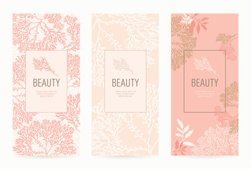 A set of packaging templates with floral texture for luxury products. Design template of leaflet cover, flayer, card for the hotel, beauty salon, spa, restaurant, club. Vector illustration