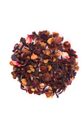 Hibiscus and fruit tea blend on a white background 