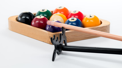 Pool nine Ball rack with a bridge and cue stick