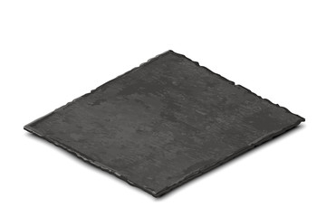 Vector realistic illustration of dark grey slate plate isolated on white background. Isometric view of black stone empty rectangular, square dish, food background.